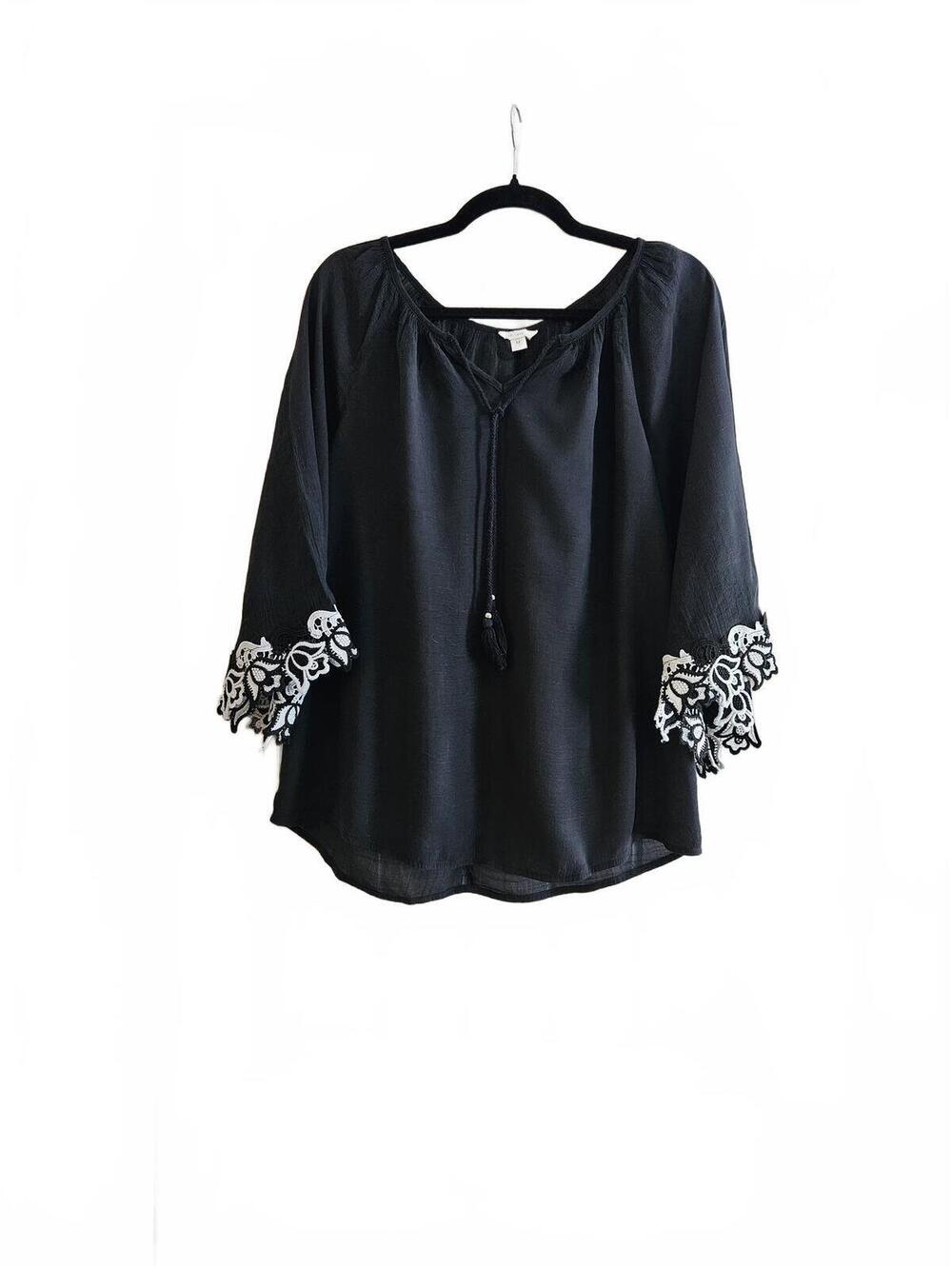 Est. 1946 Black Boho Peasant Tunic Top w/Embroidered Cuffs & 3/4 Sleeve-Size M